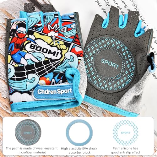Image of Proberos Surfing Boy Kids Bike Gloves Size S for 4-8 Years Old, Anti-Slip Breathable Fingerless Cartoon Print Riding Sport Gloves for Children's Bicycle