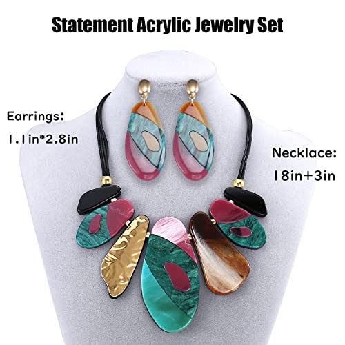 MUYAN Statement Acrylic Jewelry Set for Women, Big Bohemian Multicolor Bib Necklaces Bangle Bracelet Dangle Earrings Chunky Jewelry Sets4