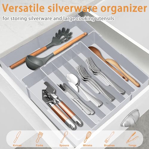 Silverware Drawer Organizer for Kitchen - Adjustable Utensil Holder Drawer Organizer, BPA Free Flatware and Cutlery Tray, Expandable Plastic Storage for Spoons Forks Knives, Grey