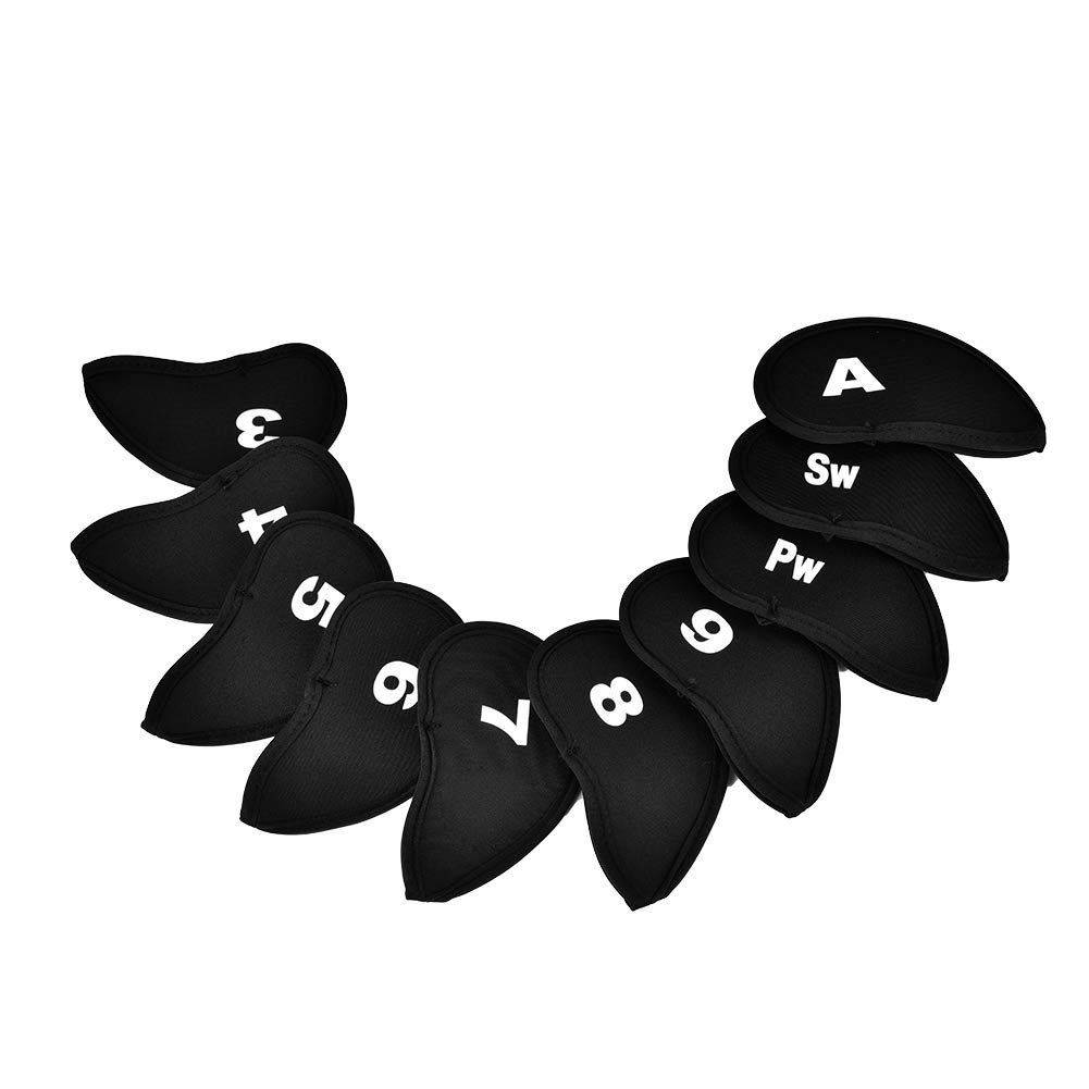 Golf Head Covers, 10Pcs Golf Iron Club Covers Set Waterproof Durable Neoprene Golf Iron Club Cue Head Protect Cover with Numbers Letters(黑色)