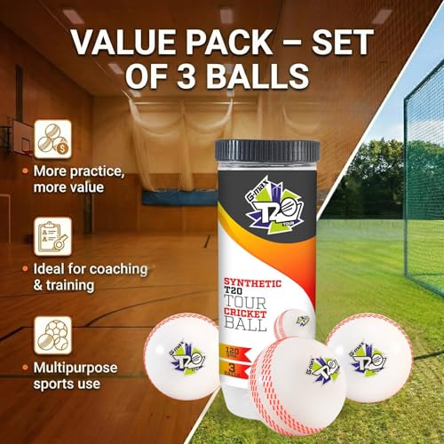 Image of G-Max Synthetic T20 Tour Cricket Ball (120 g) | Pack of 3 | White Swing Practice Ball for Indoor & Outdoor Play | Batting & Training Use