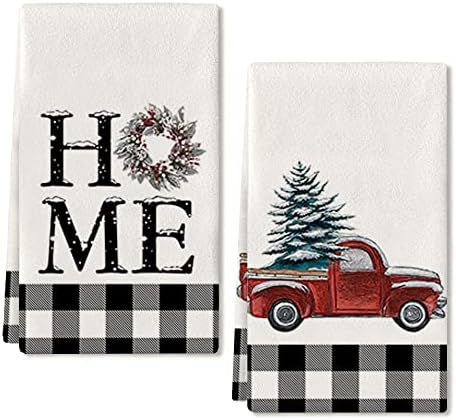 ARKENY Christmas Dish Towels for Christmas Decor Buffalo Plaid Kitchen Towels 18x26 Inch Xmas Wreath Washcloths Seasonal Ultra Absorbent Bar Drying Noel Home Hand Towel for Cooking Set of 2