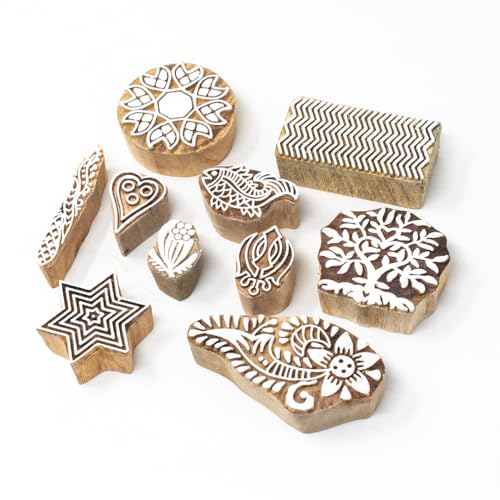 Image of Wooden Indian Traditional Design Printing Stamps /Blocks for Printing Saree Border /Dresses /Craft Card Making /Scrapbook /Clay Pottery (Set of 10)