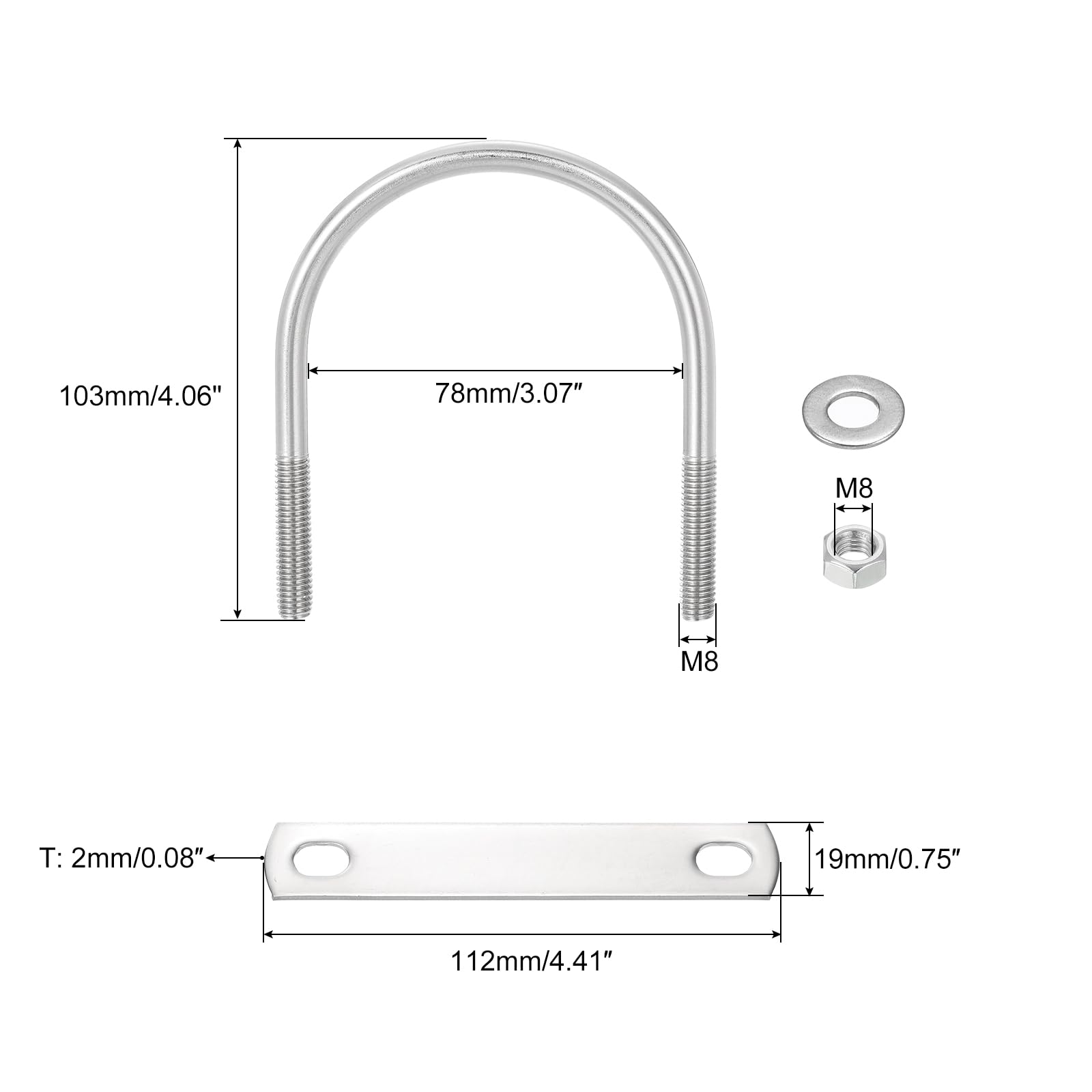 QUARKZMAN Abrazaderas en U Redondas 4 Juegos 76mm (2.99") Ancho Interior y 103mm Longitud M8 Abrazadera en U de Acero Inoxidable 304 con Tuercas y Placas para Remolques de Barcos