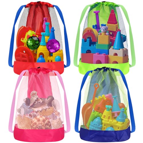 4PCS Mesh Beach Bag Large, Durable Sand Away Drawstring Beach Backpack, Toys Balls Storage Bags Packs for Pool,Beach, Shell Collecting Beach Bags for Kids