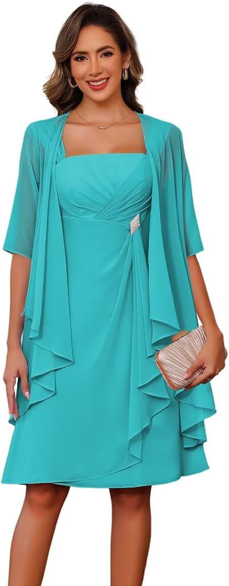 Square Neck Mother of The Bride Dresses with Jacket 2026 Chiffon 2 Piece Formal Evening Gown CLN015