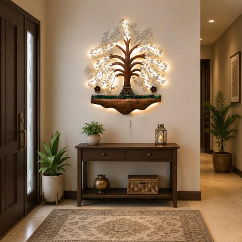 Image of Bharat Art Metal LED Tree Wall Art | Handcrafted Iron Tree Wall Hanging for Living Room, Bedroom, Hall & Office Pesto Tree White B, 31 x 2 x 40 Inch | WD056 (B)
