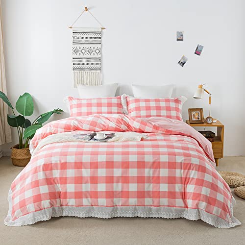 Softta Vintage White Ruffle Buffalo Plaid Bedding Set 3Pcs Duvet Cover Set 100% Pure Natural Yarn Dyed Washed Cotton 1 Duvet Cover + 2 Pillowcases Check Pattern White And Pink Twin Size #TOP6