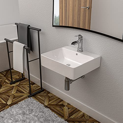 Mocoloo Wall Mounted Bathroom Sink With Faucet Hole- 21"X16" Rectangle White Wall Hung Porcelain Sink With Overflow, Hand Washing Ceramic Basin Hanging Lavatory Sink #TOP1