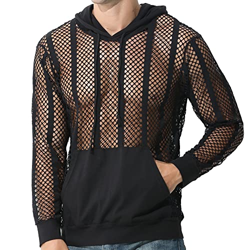YUFEIDA Men's Fashion Hoodies Tank Tops Fishnet See Through Pullover Shirts Long Sleeve Muscle Pullover Active Hoodies