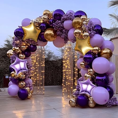 Dusty Purple and Gold Balloon Garland Arch Kit, 160Pcs Dusty Purple Light Purple Gold Latex Balloons with Star Foil Balloons for Graduation Wedding Anniversary Birthday Party Decorations — view 4