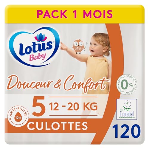 Lotus Baby Douceur & Confort - Couches-culottes Bébé Taille 5 (enfant 12-20 kg) Pack 1 Mois - 120 Culottes