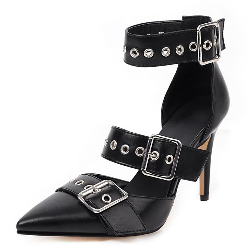 KISSASA Pointed Toe High Heel Pumps Goth Buckle Stiletto Strappy Pumps