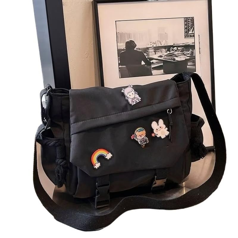 Bolsa Transversal Unissex Estilo Escolar em Nylon Grande Capacidade, Bolsa Mensageiro Masculina e Feminina com Zíper para Uso Diário(Y068-Preto)