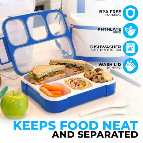 Image of kinsho Bento Lunch Box for Kids Boys Adults, Portion Control Meal Container with 4 Divided Compartments, BPA Free Snackle Snack Food Container for School Work Travel, Utensils, Blue