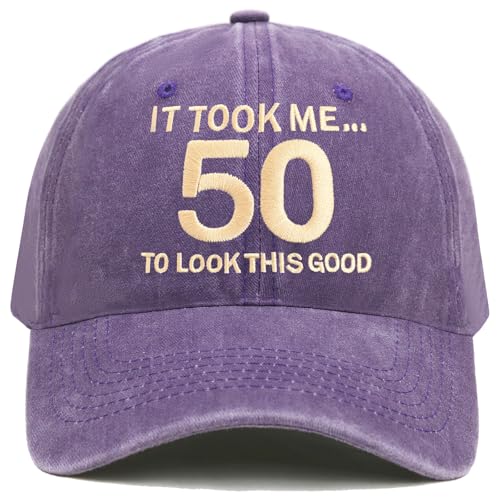 50th Birthday Hat for Men Women, 50 Year Old Birthday Gifts, Adjustable Washed Cotton Embroidered Baseball Cap - Purple