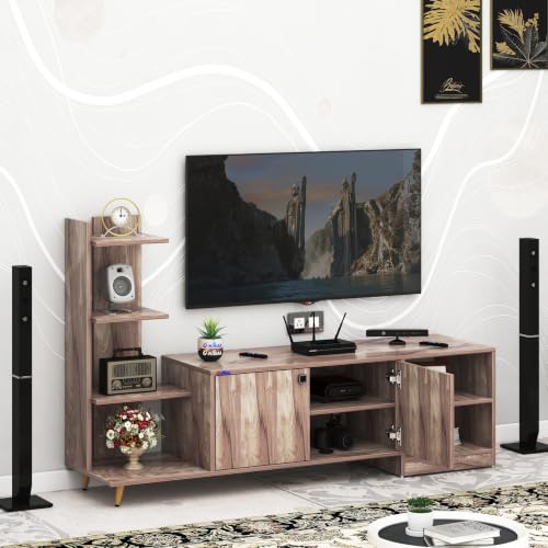 Image of Anikaa Moracca Engineered Wood Floor Standing Modern TV Unit with Side Shelves and 2-Door Cabinet & Open Storage Box Up to 43 inch Entertainment Units | For Living Room-Coachwood Finish | DIY-Installation