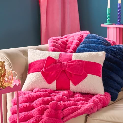 Image of OHS Bow Wrapped Scatter Cushion, Gifts for Women Bow Cushion Cute Home Decor Soft Boucle Novelty Throw Pillow for Sofa Bed Living Room Decorative Pillows, Hot Pink/Cream - 30 x 50cm