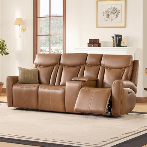 Image of CHITA Zero Gravity Leather Reclining Sofa, 3-Seat with Console, Saddle