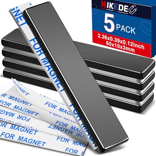 MIKEDE Neodymium Magnets, 5 Pack Black Super Strong Magnets Bar, Waterproof Heavy Duty Magnet with Adhesive Backing, Rare Earth Small Magnet Strips for Fridge, DIY, Craft, Science - 60x10x3 mm