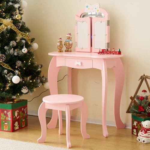 Image of Vanity Set,ShyneeMakeup Dressing Vanity Set Wooden Princess Makeup Table with Cushioned Stool,Drawer,Wooden Legs and Mirror, Make Up Dressing Play Set for Girls (Pink Bow)