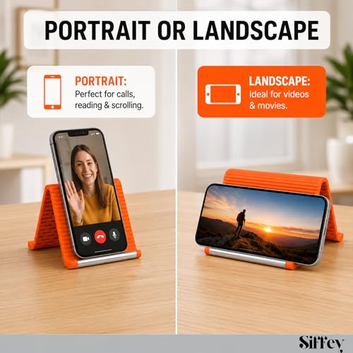 Image of Portable Foldable Silicone Aluminum Phone Holder, Flexible Phone Stand for Desk & Travel, Adjustable Non-Slip Universal Phone & Tablet Holder for Home, Kitchen, Office, Treadmill (Orange)