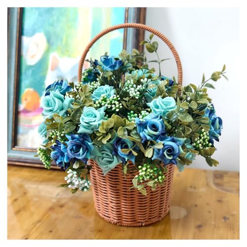 GRSTREE Künstliche Blumen Wie Echt 4 Bündel blau Rosen deko Fake Flowers Kunstblumen Pflanzen für tischdeko Die Heimdekoration Hochzeitsfeier Balkon Outdoor wetterfest