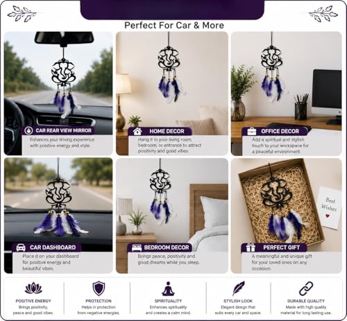 Image of Acrylic Dream Catcher Car Hanging Ornament with Purple and White Feathers - Rear View Mirror Decor for Cars, Spiritual Wall Hanging Decoration for Home, Office and Gift Use (GANESH-001)
