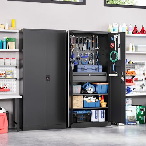 Image of Yizosh Metal Garage Storage Cabinet with Locking Doors and Drawers, Heavy Duty Steel Tool Cabinet with Pegboard, 71 inch - Lockable Cabinets for Garage, Warehouse, Basement (Black)