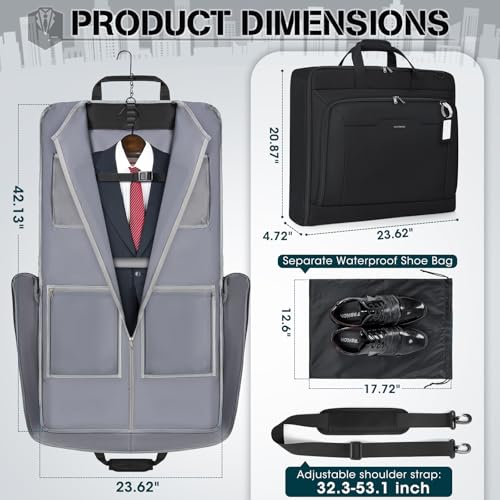 RAINSMORE Garment Bags for Travel Carry On Garment Bag for Hanging Clothes, Suit Bag for Business Trips with Shoes bag & Shoulder Strap, Waterproof Foldable Suit Luggage Bag for Men Women, Black4