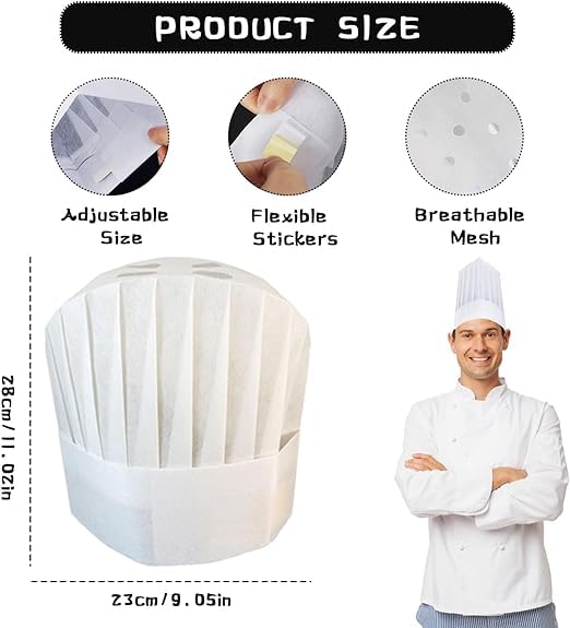 Forhome Kochmütze, 20 Stück, Einweg-Kochmütze, 9 Zoll Kochmütze, Einweg, Kochmütze, verstellbar, Kochmütze, weiß, elastisch, für Küche, weiß, 23CM
