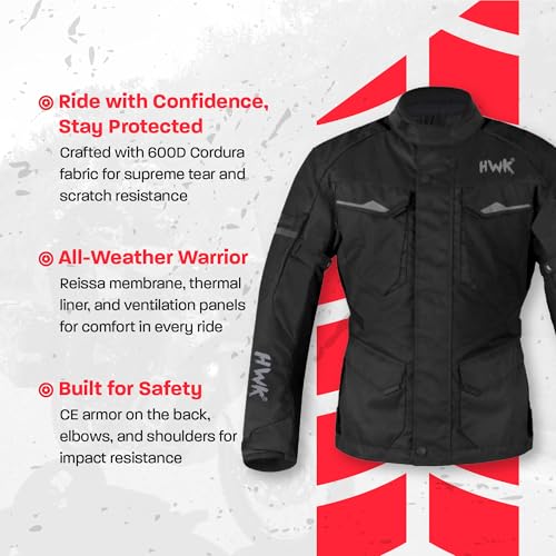 HWK Adventure Touring Motorcycle Jacket for Men, Water Resistant Cordura Textile Biker Jacket for Men, Durable and Stylish Moto Gear with CE Armor for Enduro Motorbike Riding - Black, XL - Image 3