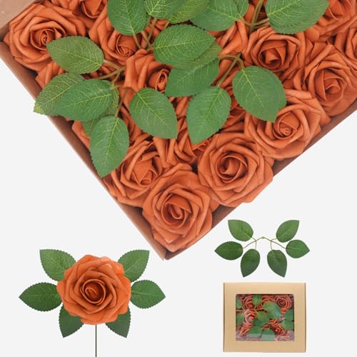YEHLIABO 50PCS Burnt Orange Artificial Flowers Real Looking Foam Fake Roses, Rose Artificial Wedding Flowers Combo for Wedding Bouquets Centerpieces Flower Arrangements Decorations (Burnt Orange, 50)