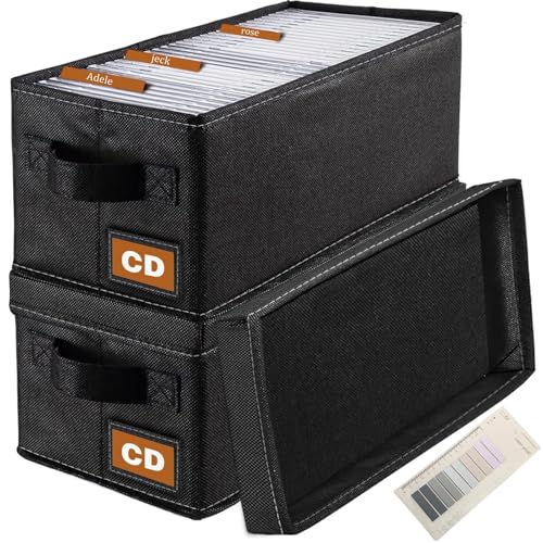 CD Storage Boxes - 2 Pack CD Storage Case - 14.2" x 6.3" x 5.5", Holds 34 CD Cases, Desktop or Closet CD Case Holder, Can Also Store Toys | Papers | Cards | Socks