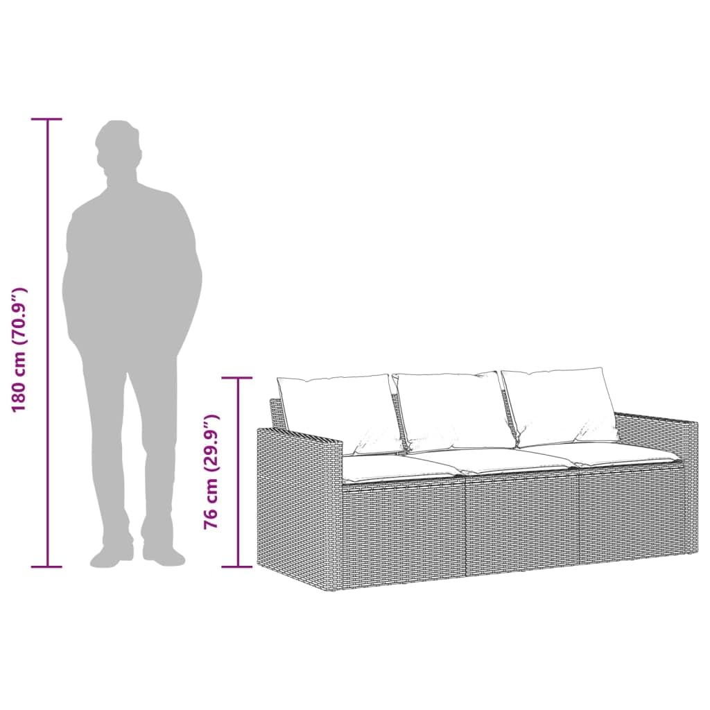 Divano da Giardino 3 Posti, in Polyrattan e Acciaio, con Cuscini Imbottiti, Set Giardino Esterno, Salotto da Giardino, per Terrazzo e Giardino, Colore Nero, Dimensioni 177x70x68 cm