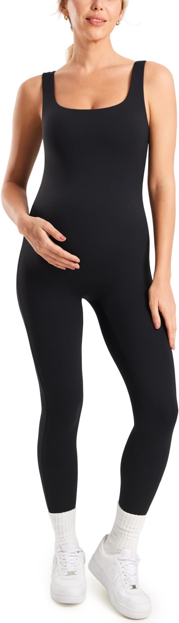 Maternity Jumpsuit Workout Romper for Pregnancy Seamless Leggings Bodysuit Sleeveless Square Neck Tank Top