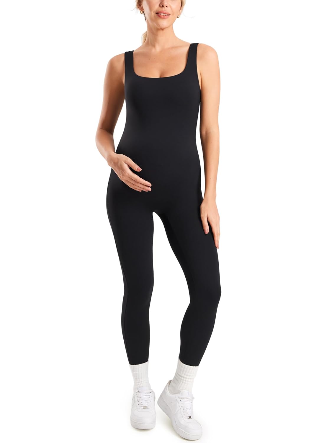 MOMANDA Maternity Jumpsuit Workout Romper for Pregnancy Seamless Leggings Bodysuit Sleeveless Square Neck Tank Top