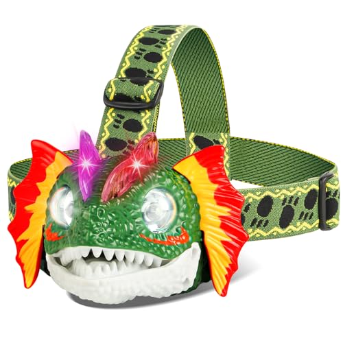DX DA XIN Dinosaur Headlamp LED Dilophosaurus Headlamp for Kids Camping Gear Essentials Dinosaur Toy Headlighs Flashlight for Boys Girls, Gift for Birthday Halloween Christmas New Year