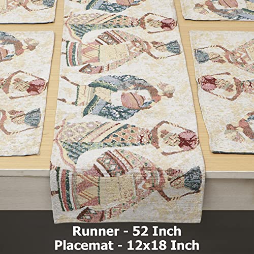 Image of HOKIPO Dining Table Placemats 6 Pieces with Runner (IN530-D3*6+IN531) Multicolor Tribal Women