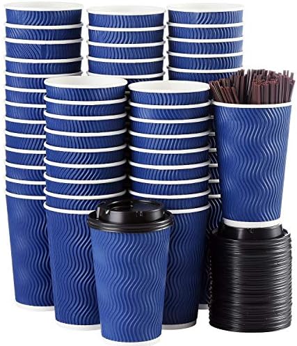 Disposable Coffee Cups with Lids and Straws - 16 oz (90 Set) Togo Hot Paper Coffee Cup with Lid To Go for Beverages Espresso Tea Insulated Reusable Cold Drinks Ripple Cups Protect Fingers From Heat!