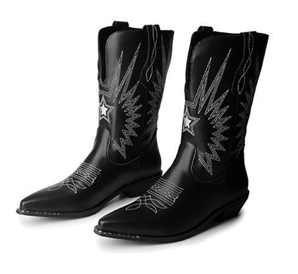 Stivaletti da Cowgirl Occidentali Donna, Stivali Country Casual in Pelle con Punta Tagliata Ricamata retrò, Stivaletti Classici Comodi con Tacco Basso e cuciti,Nero,46 EU