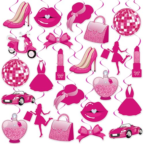 Image of 48Pcs Hot Pink Princess Hanging Swirl Decorations, Princess Party Ceiling Hanging Swirls Hot Pink Hanging Swirls Streamers for Party Decor Supplies