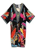 EDOLYNSA Kimono per le donne Boho 2024 Plus Size Costume da bagno Coverups Manica Lunga Spiaggia Copertura Vacanza Abiti Maxi Resort Wear, N1512-1120-4-nero Floreale, Taglia Unica