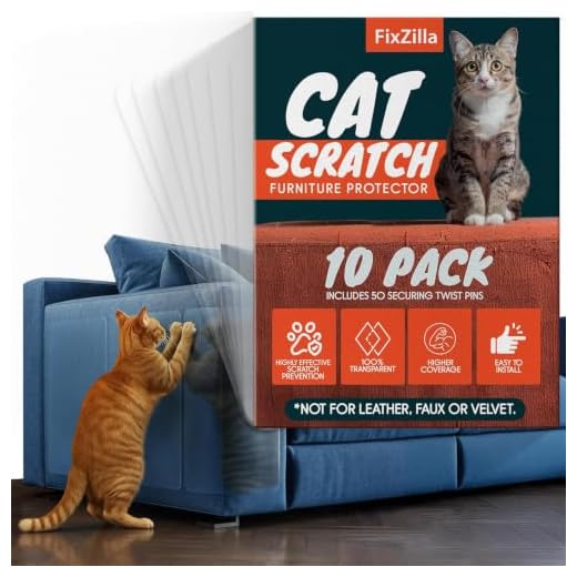 FixZilla Anti Cat Scratch Furniture Protector, 10-Pack Couch Protector from Cat Claws - Heavy-Duty, Easy-to-Apply Scratching Deterrent and Shield for Sofa Corners, Walls, Doors- with 50 Twist Pins