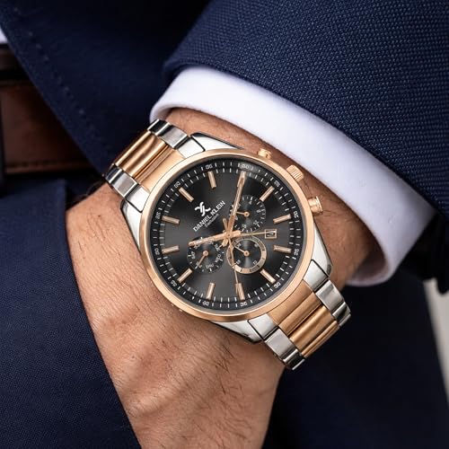 Image of Daniel Klein Men Analog Multifunction Watch | Rose Gold Silver Case | Grey Dial with Day Date 24-Hour Format | Two Tone Metal Strap | 44 mm | Water Resistant 3 ATM | DK.20.13348-9