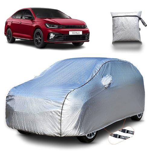 Image of Continental [SilverGuard] Dual Belts Extra Protection Volkswagen Virtus Car Cover (2022-2026) Build with Triple Stitched, Waterproof & Dustproof Car Cover for Virtus (Metallic Silver).