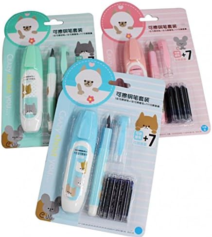 1 Set Large Nib Erasable Fountain Pen with 7 Blue Ink Refills Set Writing Stationary Office School Supplies Gifts for Boys Girls Adults (Random Color)