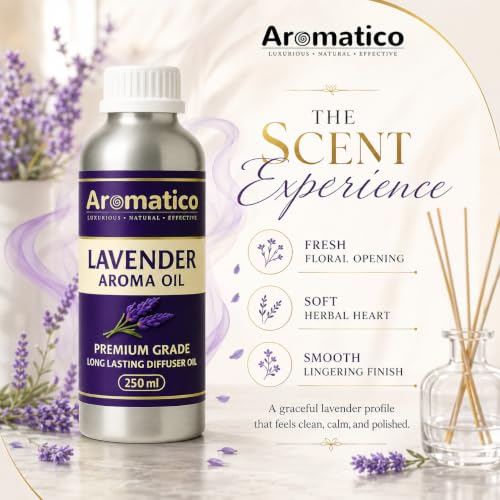 Image of AROMATICO Lavender Diffuser Oil with Strong, Long-Lasting Aroma. Premium Aroma Oil for Homes, AROMATICO Lavender Diffuser Oil with Natural Aroma for Humidifiers, Homes, Offices & Showrooms, Candle and Soap Making | Fragrance for Aromatherapy | Essential Oil for Diffuser and Aromatherapy - 250 ml
