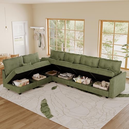 Image of LLappuil Corduroy Modular Sofa Set, 6-Seater Reversible L-Shaped Sectional Couch with Storage, Soft Fabric for Cozy Living Room, Apartment, Included Back Cushions & Throw Pillows, Green