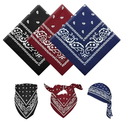 YAWYO Lot de 3 bandanas, foulards à cheveux multi-usages motif paisley, headwraps unisexes pour femmes et hommes, accessoires de cowboy (Noir, Bordeaux, Bleu...